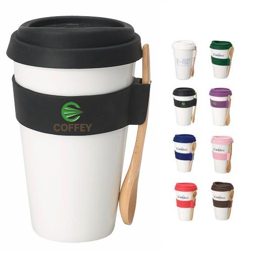 Spoon Holding Double-wall Porcelain Mug with Silicone Lid... from ASI 40261 Berney-Karp Inc