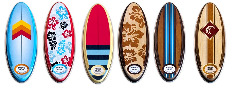 Surfboard shaped tin filled with appx. 0.88 oz. of peppermints.... from ASI 44900 NC Custom (CI/Lanco) / Chocolate Inn