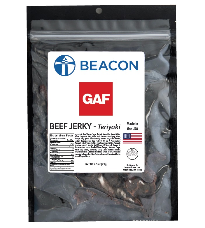 Beef jerky in zip packs with custom printed and branded label.