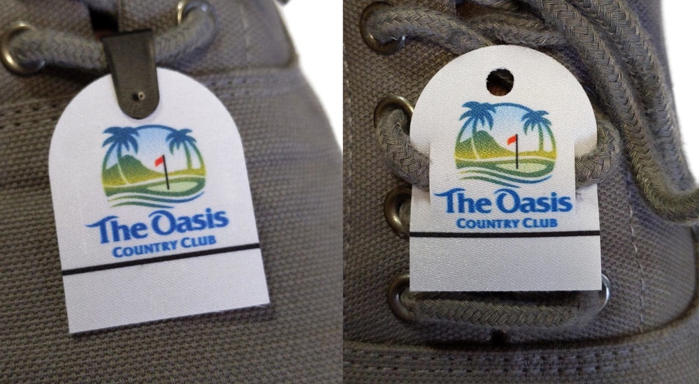 Custom Full Color Dye Sublimation Shoe Tags with hole and plastic... from ASI 90160 Suntex Industries