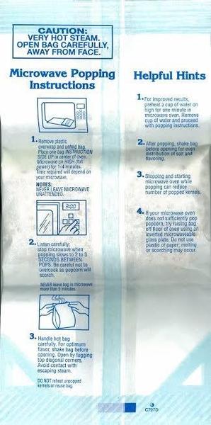 Microwave popcorn bag with blank white front and popping instructions on